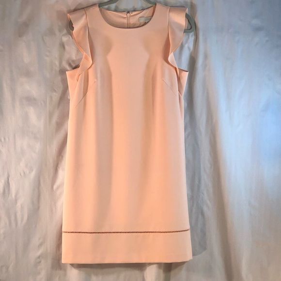 LOFT Dresses & Skirts - Loft Peach Sheath Dress with Ruffle Cap Sleeves Cut Out Design at Hem 10 P